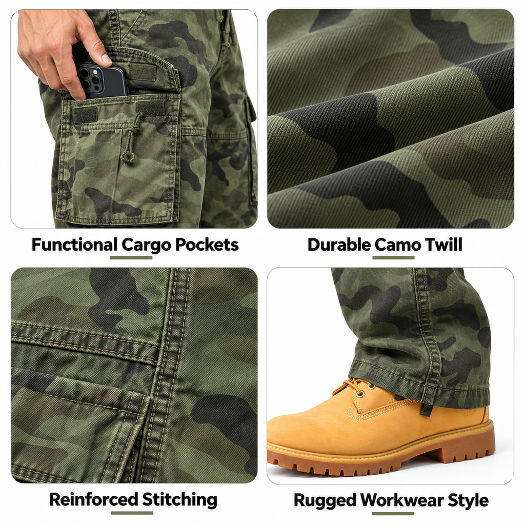 FREDD MARSHALL FH2233 men's cotton camo cargo pants with drawstring, Army Green Camo, construction detail