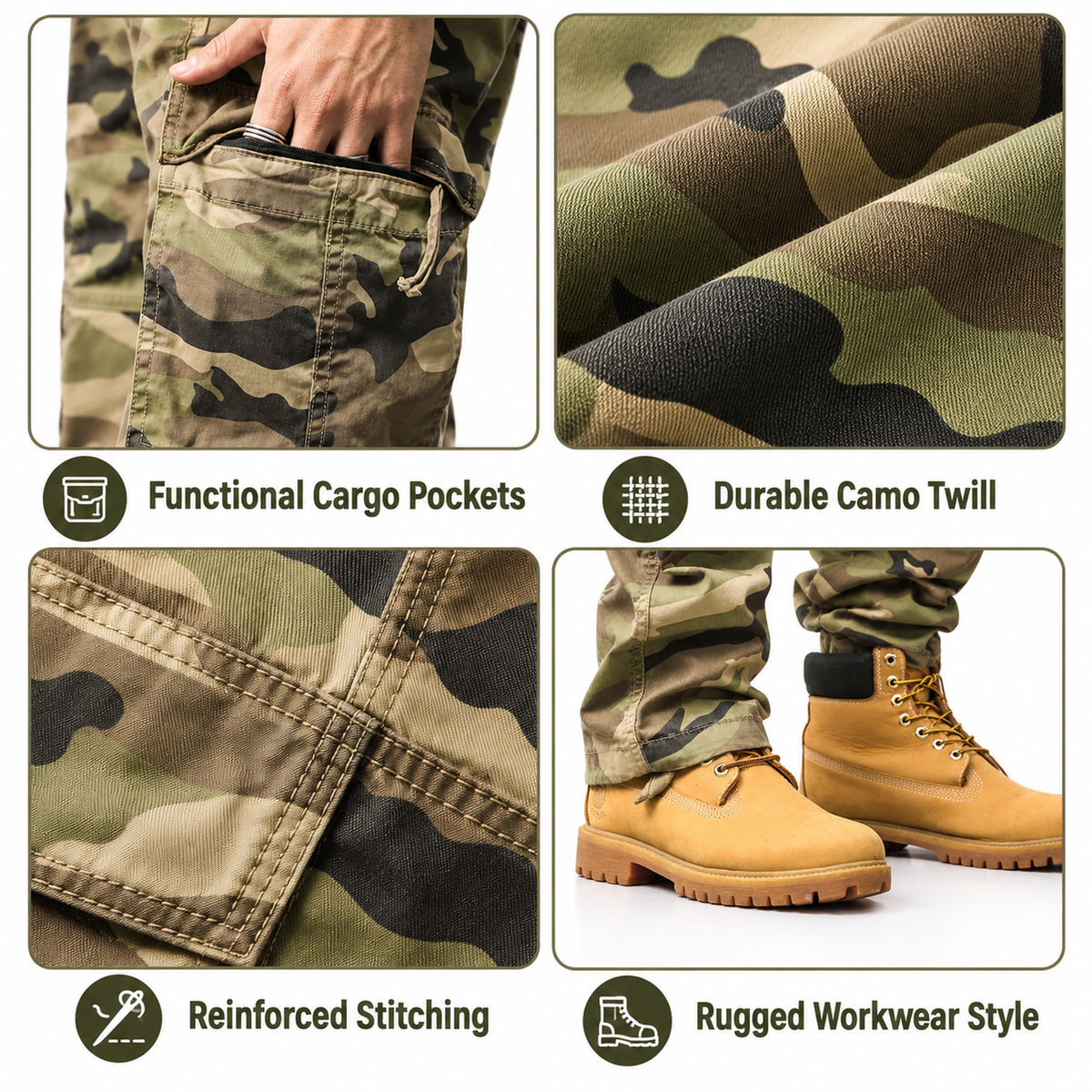 FREDD MARSHALL FH2233 men's cotton camo cargo pants with drawstring, Khaki Camo, construction detail