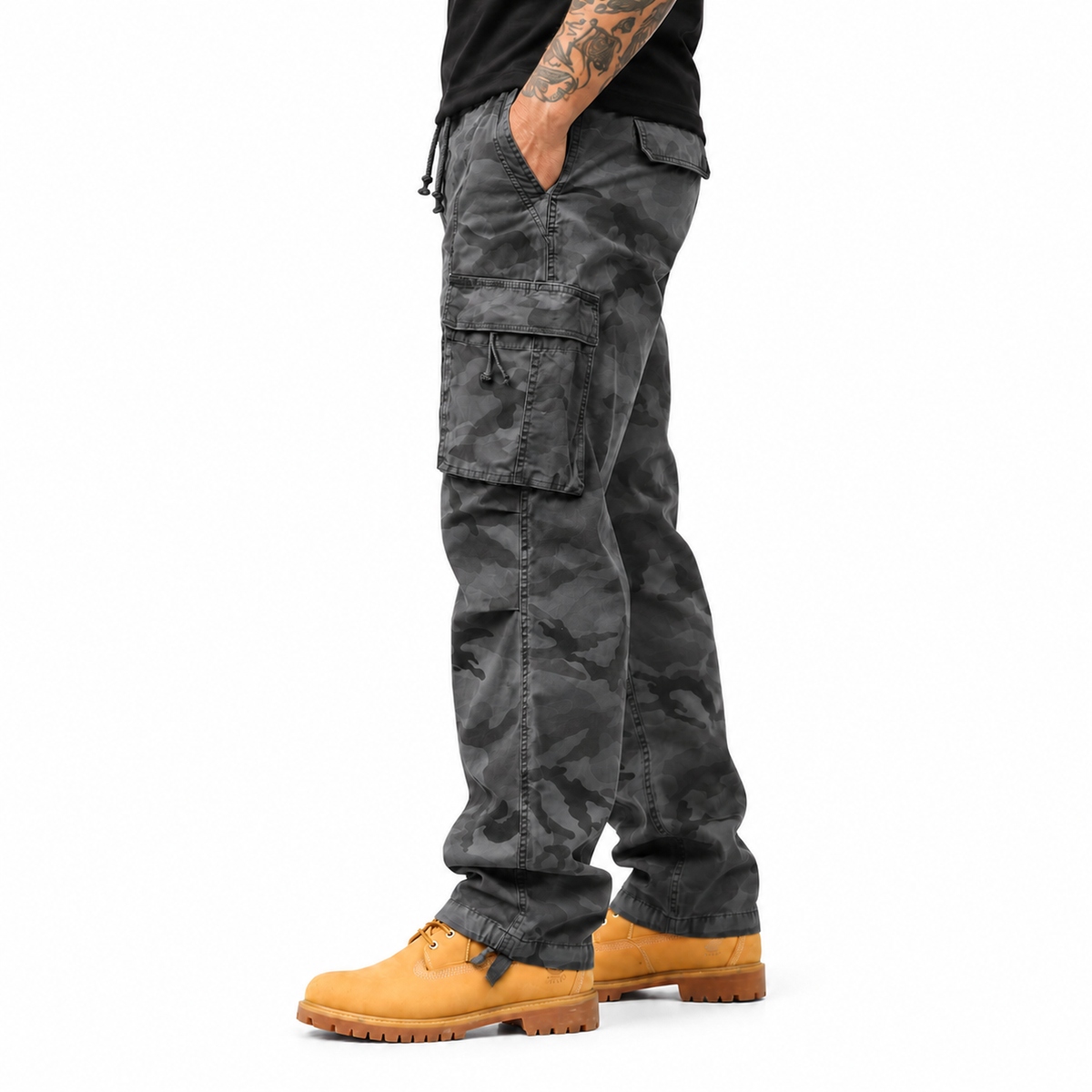 FREDD MARSHALL FH2233 men's cotton camo cargo pants with drawstring, Gray Camo, side view