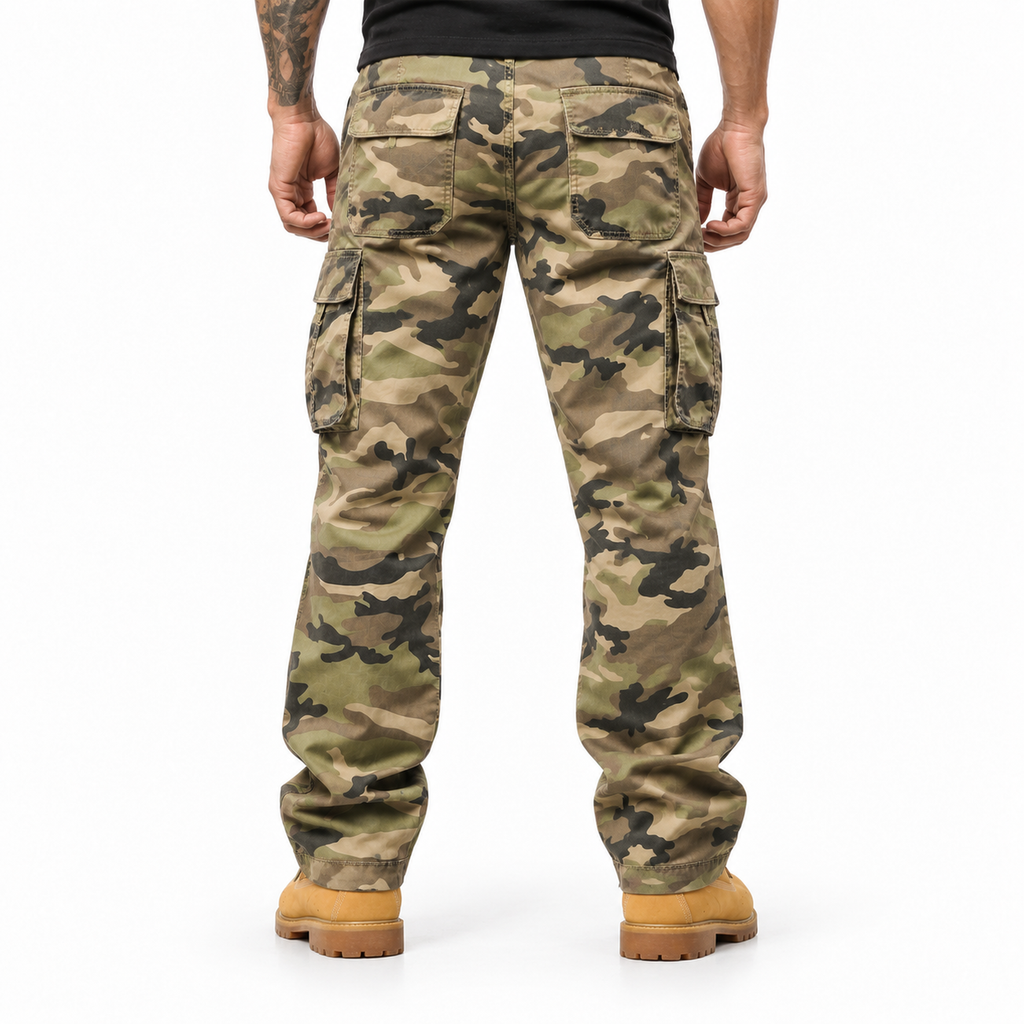 FREDD MARSHALL FH2233 men's cotton camo cargo pants with drawstring, Khaki Camo, back view