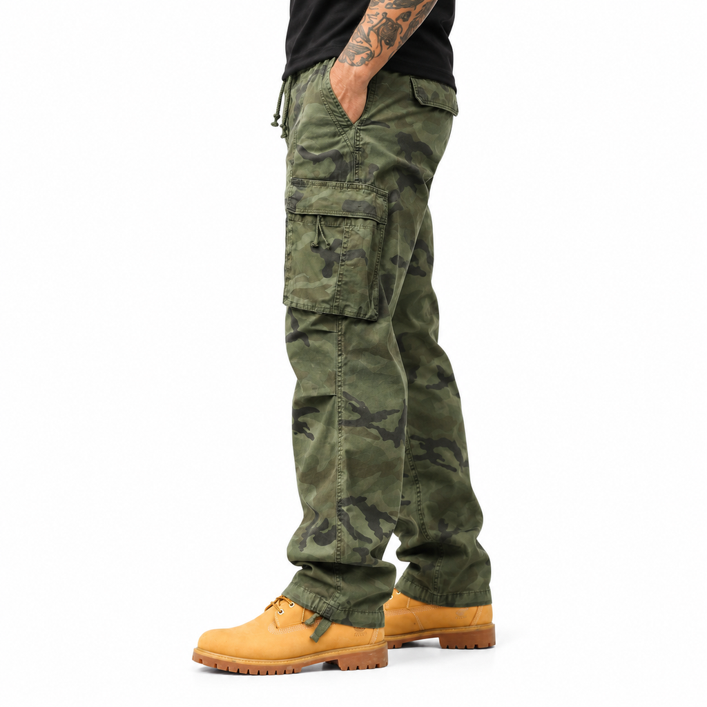 FREDD MARSHALL FH2233 men's cotton camo cargo pants with drawstring, Army Green Camo, side view
