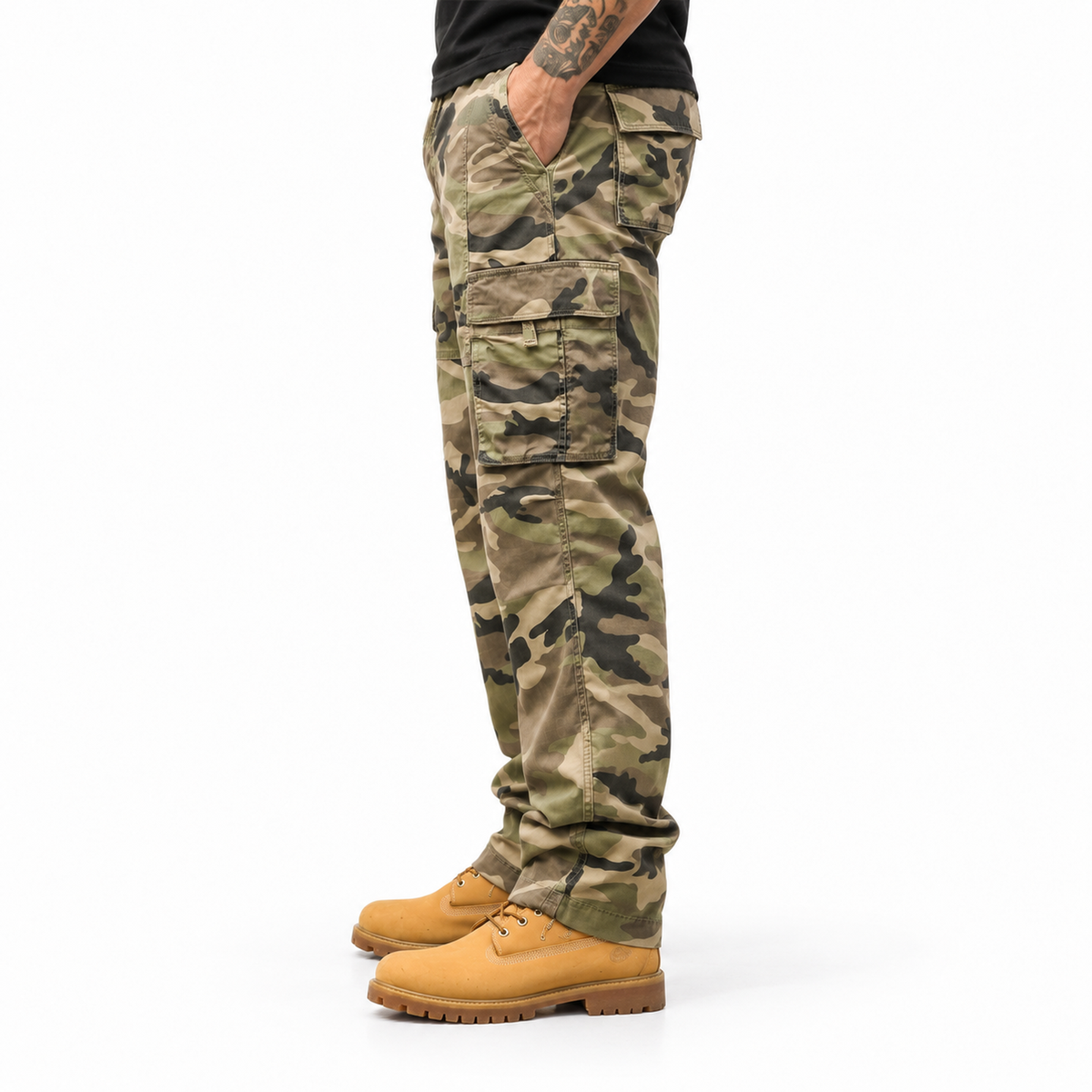FREDD MARSHALL FH2233 men's cotton camo cargo pants with drawstring, Khaki Camo, side view