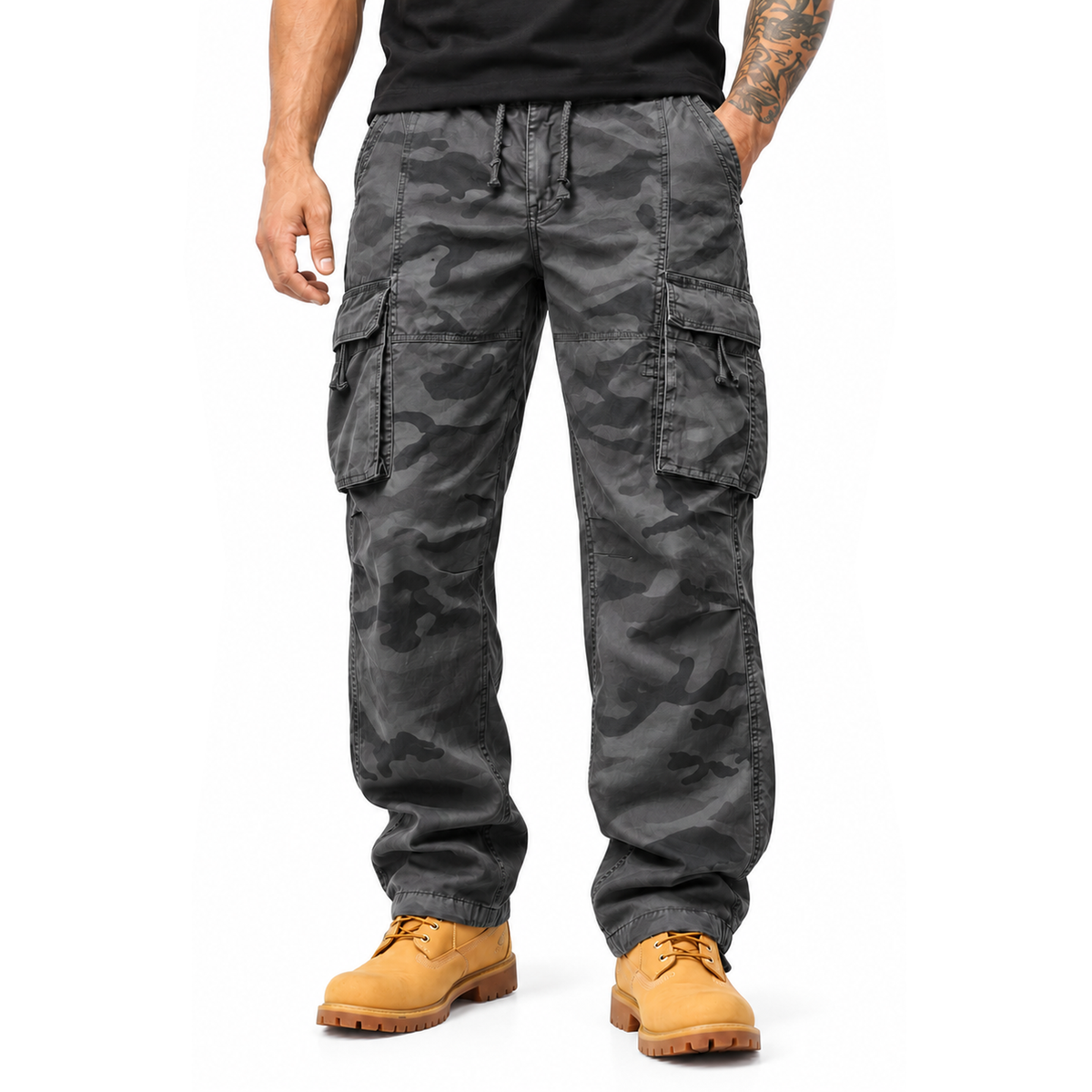 FREDD MARSHALL FH2233 men's cotton camo cargo pants with drawstring, Gray Camo, front view