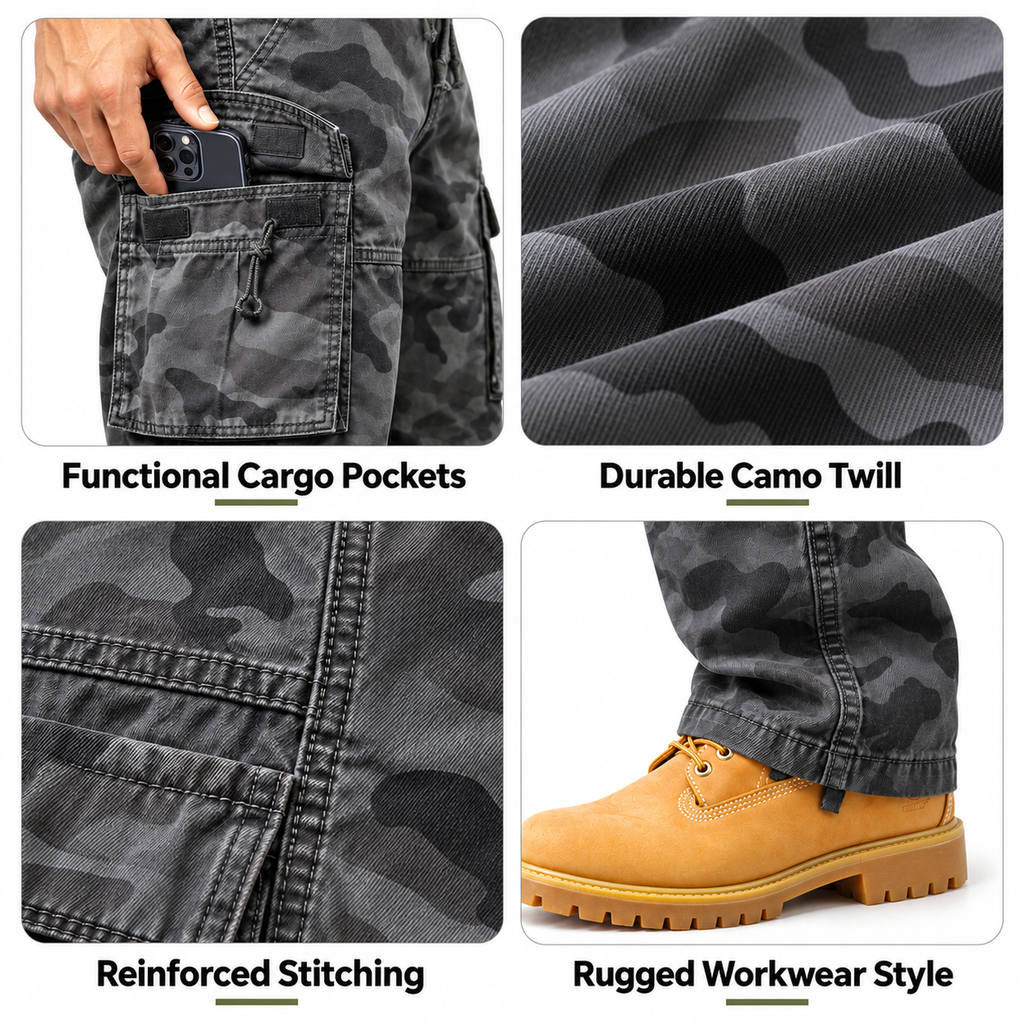 FREDD MARSHALL FH2233 men's cotton camo cargo pants with drawstring, Gray Camo, construction detail