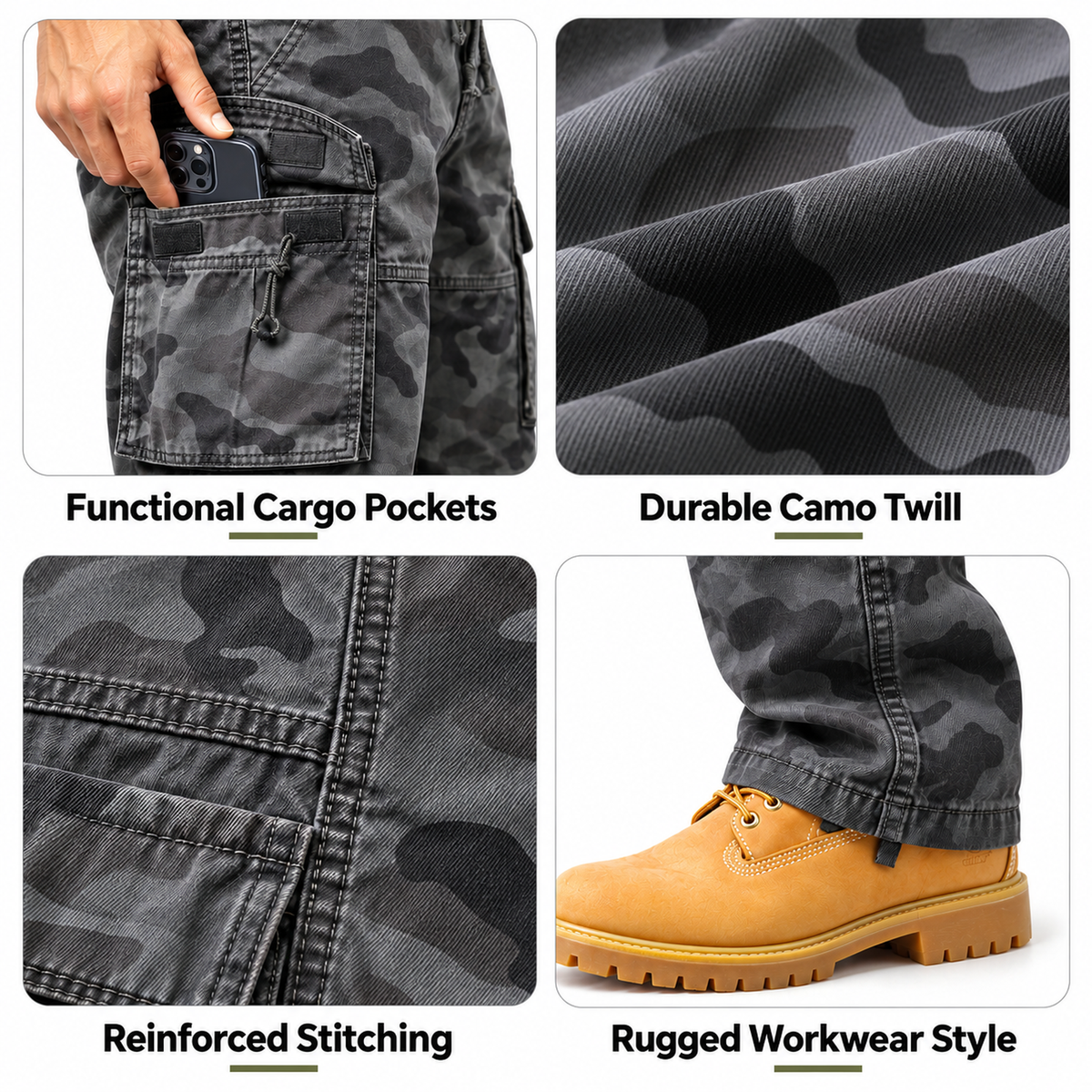 FREDD MARSHALL FH2233 men's cotton camo cargo pants with drawstring, Gray Camo, construction detail
