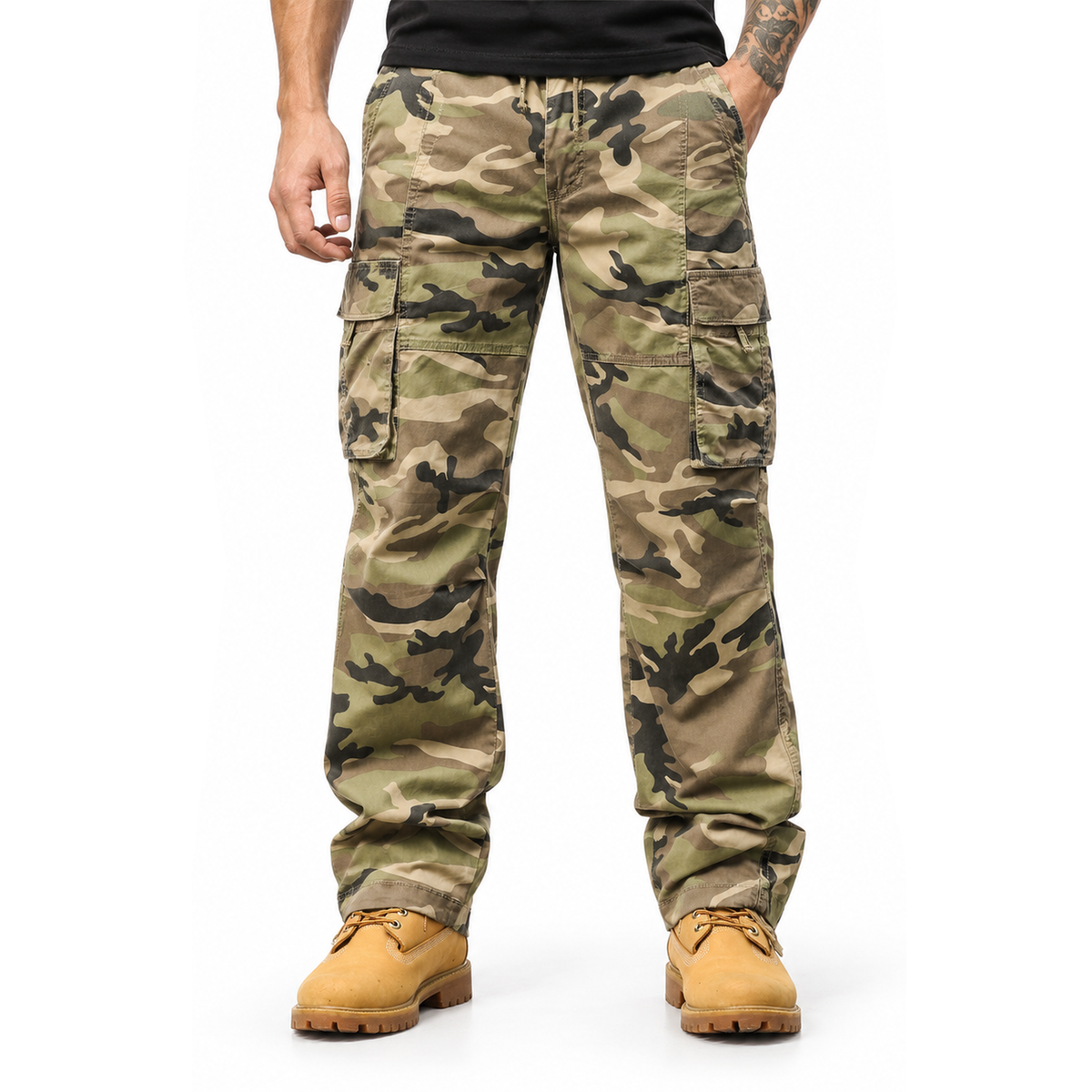 FREDD MARSHALL FH2233 men's cotton camo cargo pants with drawstring, Khaki Camo, front view