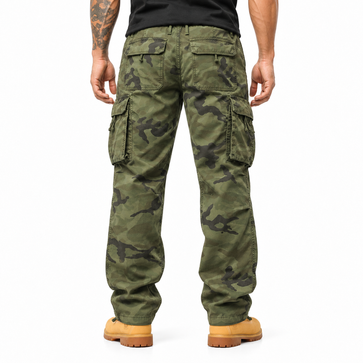 FREDD MARSHALL FH2233 men's cotton camo cargo pants with drawstring, Army Green Camo, back view