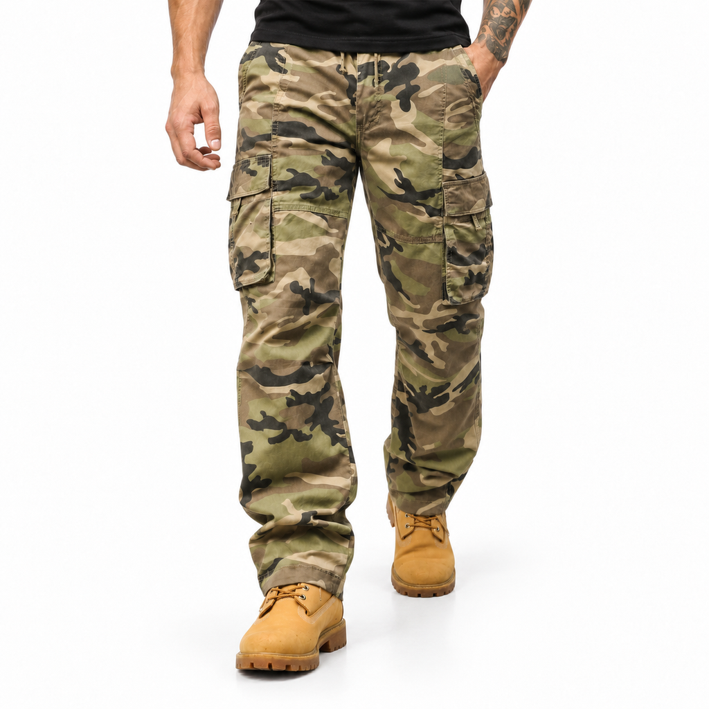 FREDD MARSHALL FH2233 men's cotton camo cargo pants with drawstring, Khaki Camo, styled outfit