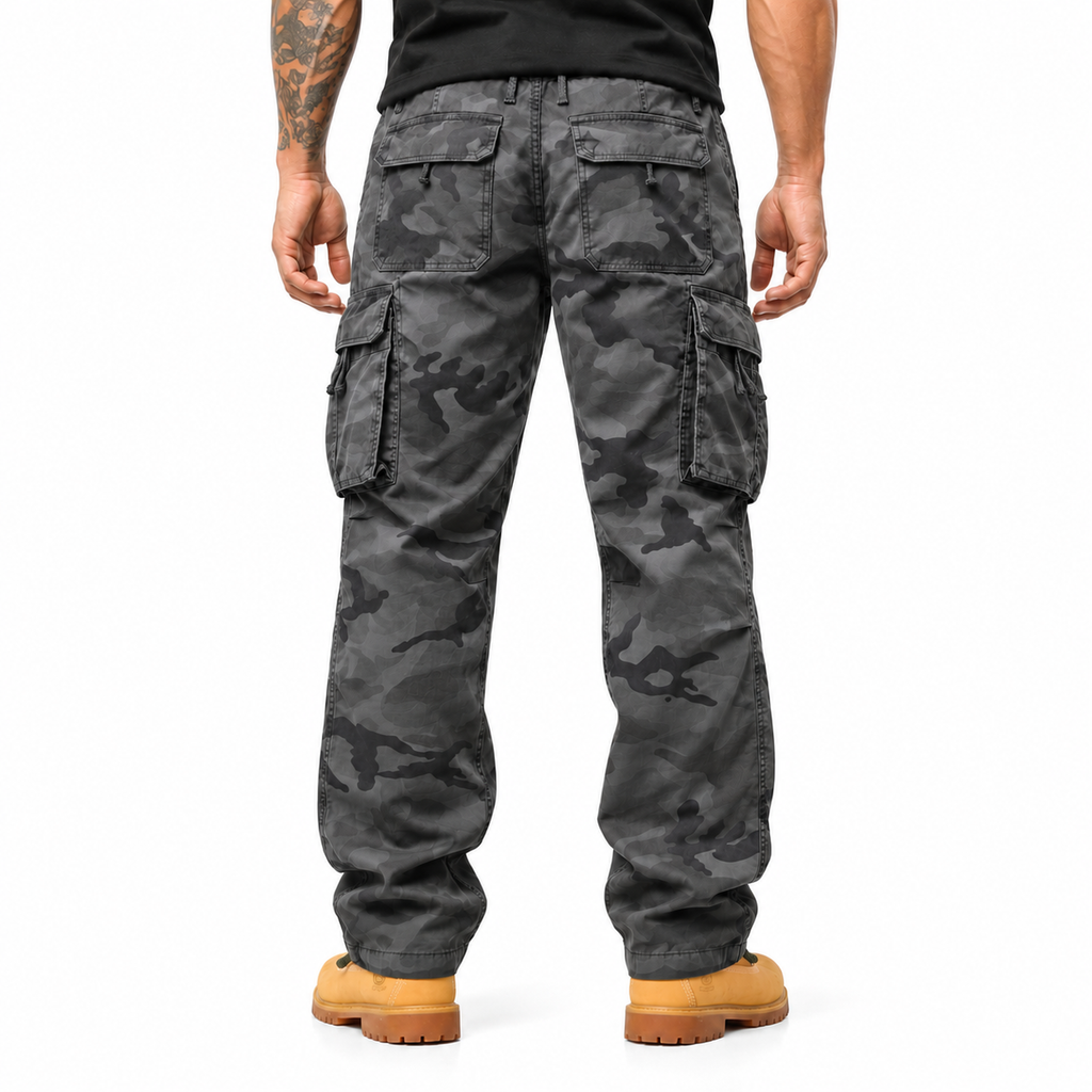 FREDD MARSHALL FH2233 men's cotton camo cargo pants with drawstring, Gray Camo, back view