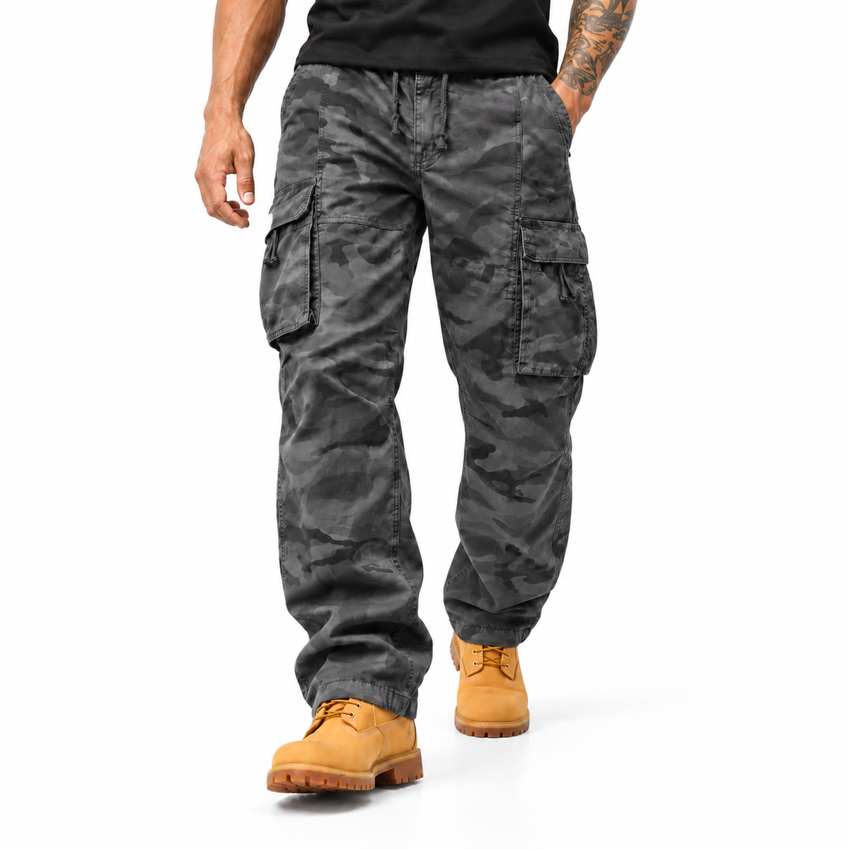 FREDD MARSHALL FH2233 men's cotton camo cargo pants with drawstring, Gray Camo, styled outfit