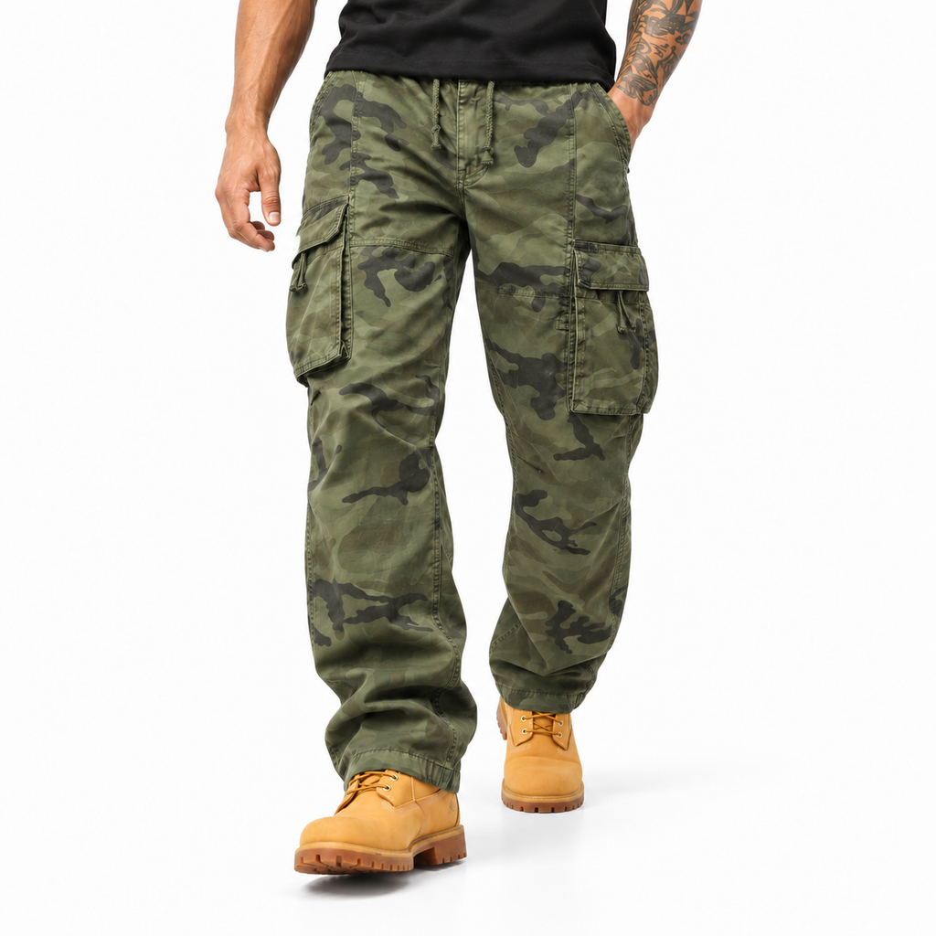 FREDD MARSHALL FH2233 men's cotton camo cargo pants with drawstring, Army Green Camo, styled outfit