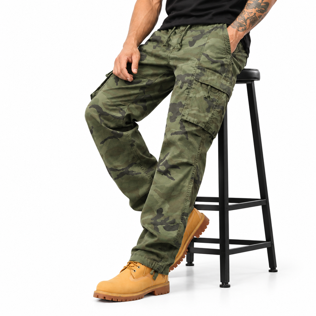FREDD MARSHALL FH2233 men's cotton camo cargo pants with drawstring, Army Green Camo, styled outfit