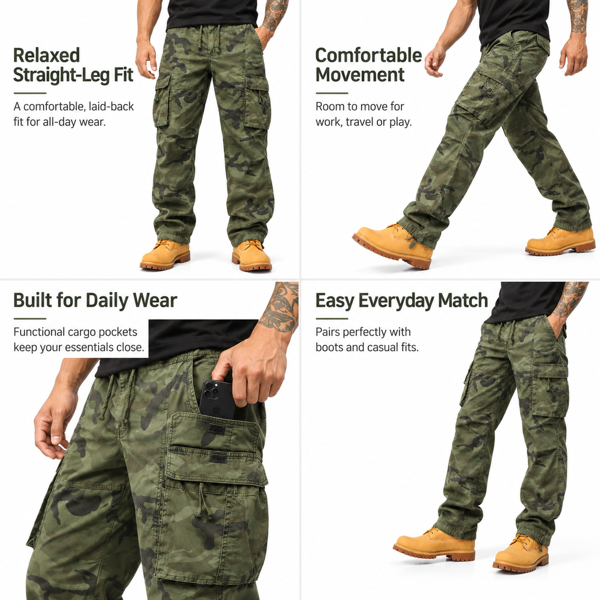 FREDD MARSHALL FH2233 men's cotton camo cargo pants with drawstring, Army Green Camo, construction detail