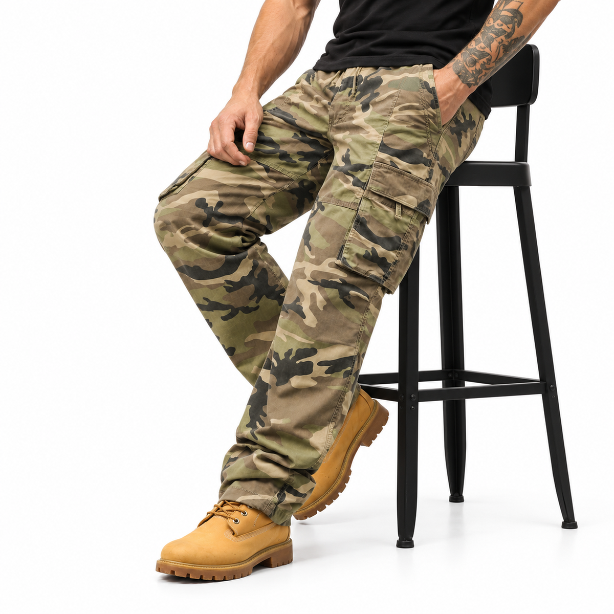 FREDD MARSHALL FH2233 men's cotton camo cargo pants with drawstring, Khaki Camo, styled outfit