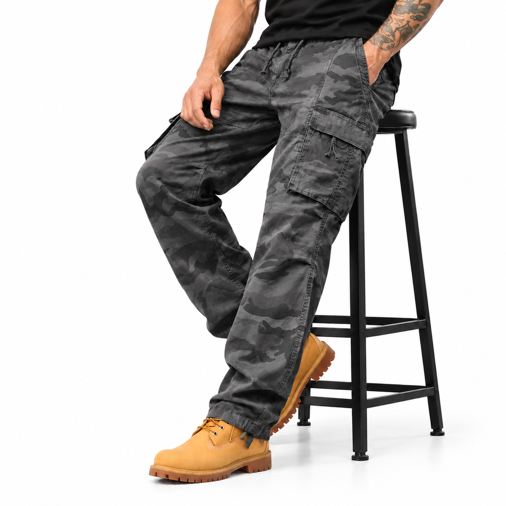 FREDD MARSHALL FH2233 men's cotton camo cargo pants with drawstring, Gray Camo, styled outfit