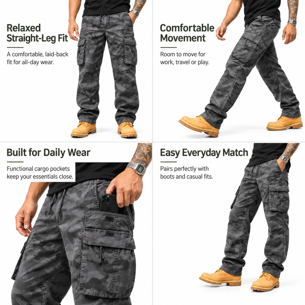 FREDD MARSHALL FH2233 men's cotton camo cargo pants with drawstring, Gray Camo, construction detail