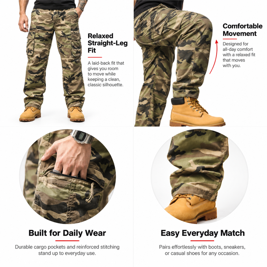 FREDD MARSHALL FH2233 men's cotton camo cargo pants with drawstring, Khaki Camo, construction detail