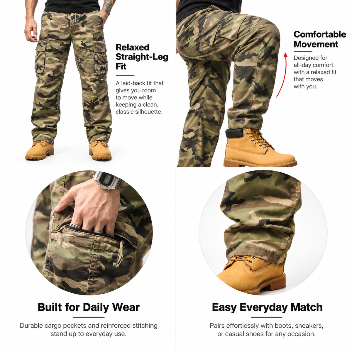 FREDD MARSHALL FH2233 men's cotton camo cargo pants with drawstring, Khaki Camo, construction detail