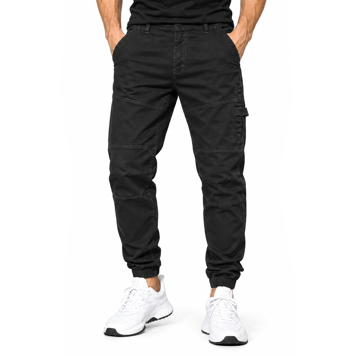 FREDD MARSHALL FH3651 men's cotton tapered cargo jogger pants, Black, front view