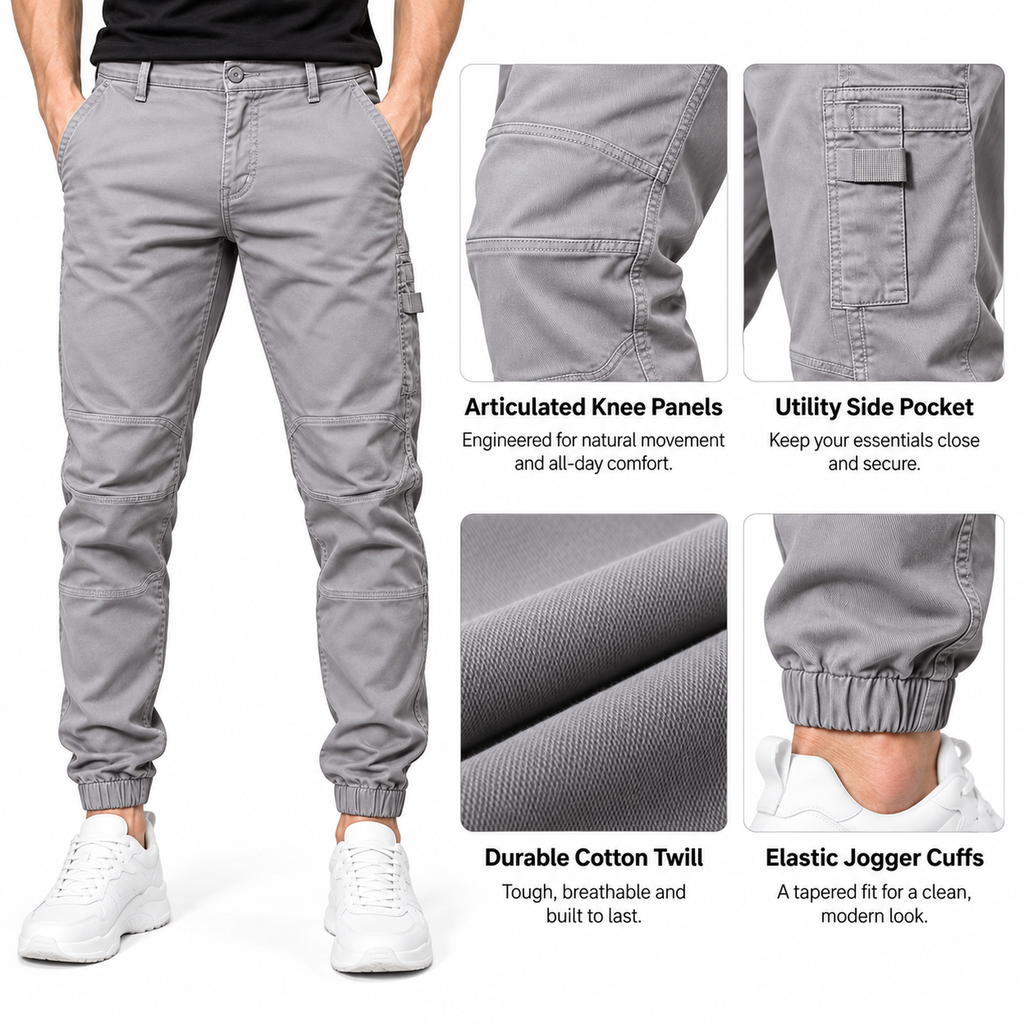 FREDD MARSHALL FH3651 men's cotton tapered cargo jogger pants, Light Gray, construction detail