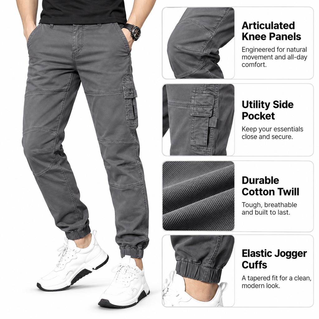 FREDD MARSHALL FH3651 men's cotton tapered cargo jogger pants, Medium Gray, construction detail