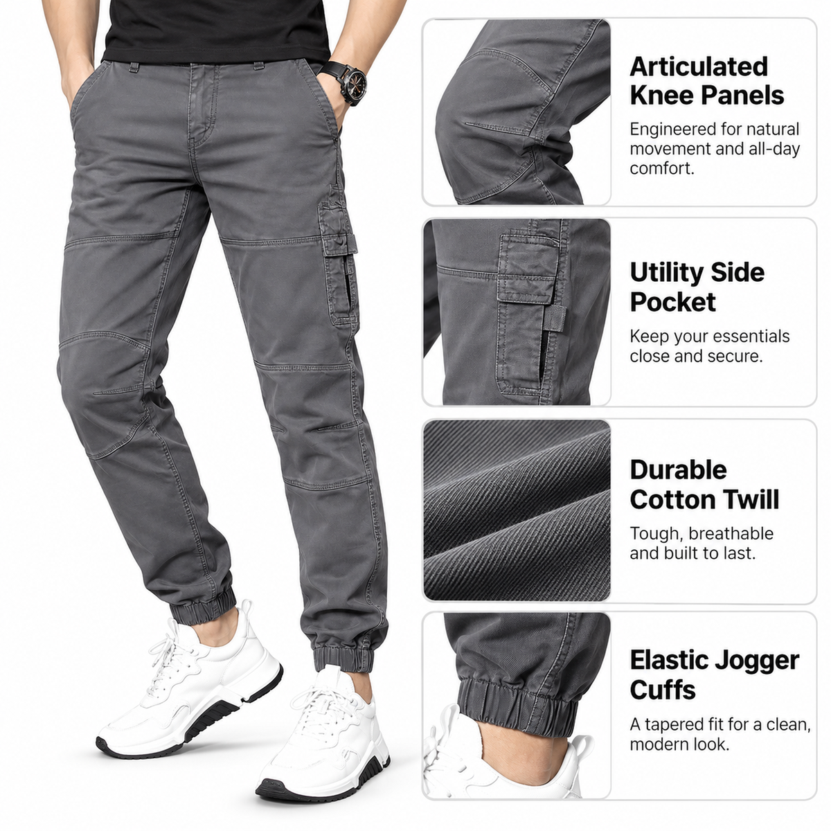 FREDD MARSHALL FH3651 men's cotton tapered cargo jogger pants, Medium Gray, construction detail