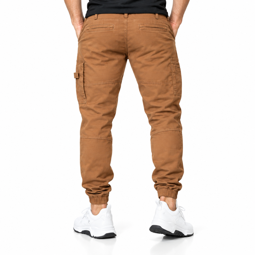 FREDD MARSHALL FH3651 men's cotton tapered cargo jogger pants, Caramel, back view