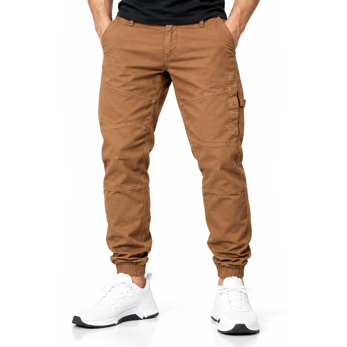 FREDD MARSHALL FH3651 men's cotton tapered cargo jogger pants, Caramel, front view