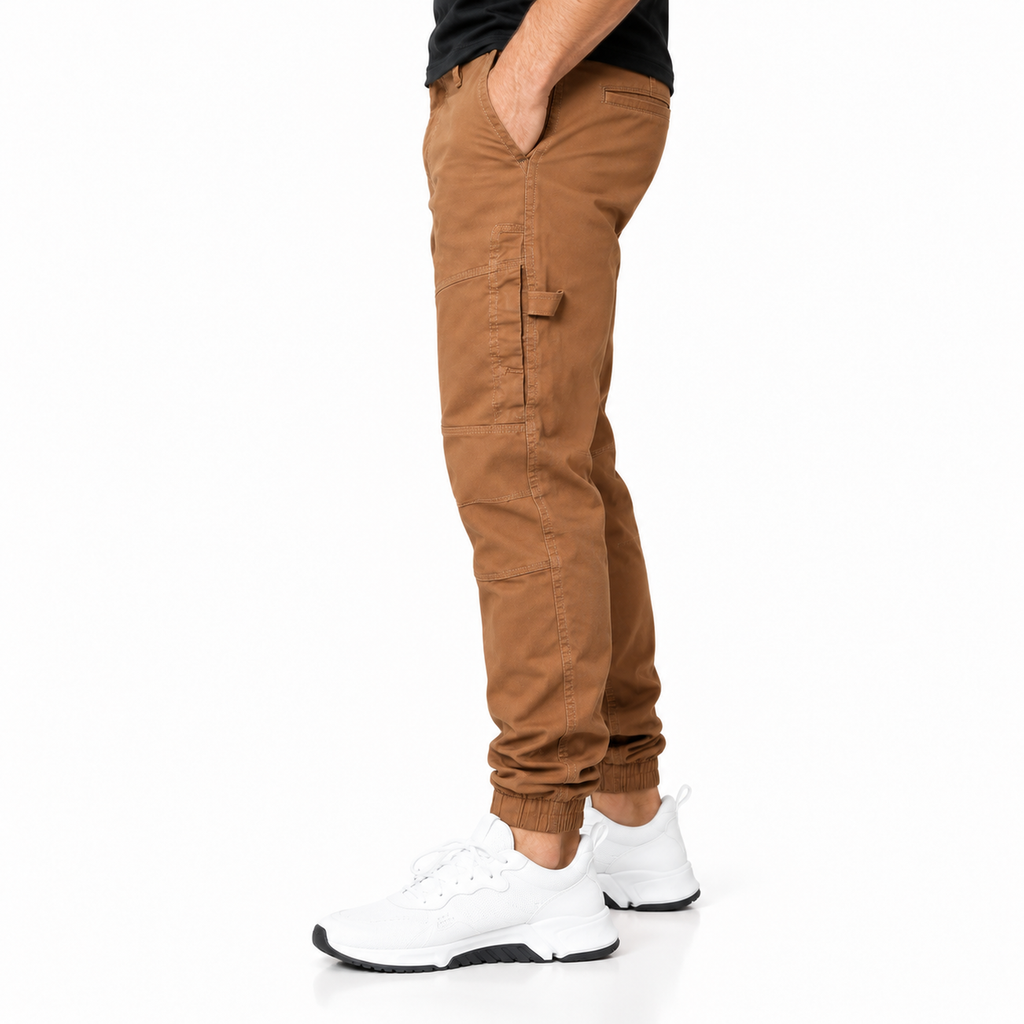 FREDD MARSHALL FH3651 men's cotton tapered cargo jogger pants, Caramel, side view
