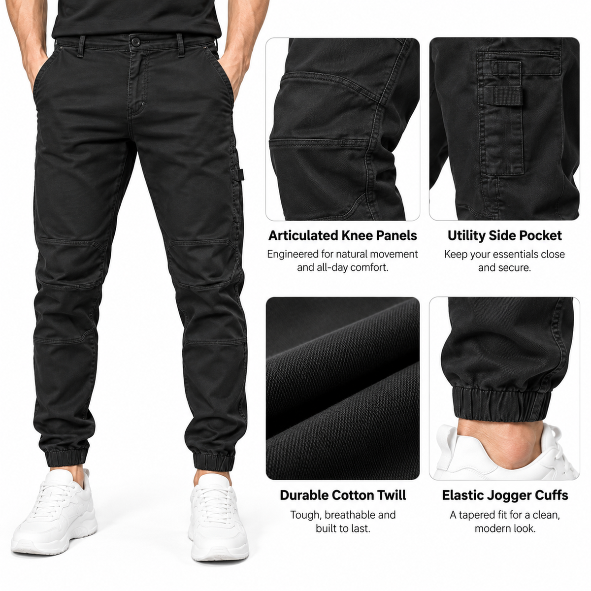 FREDD MARSHALL FH3651 men's cotton tapered cargo jogger pants, Black, construction detail