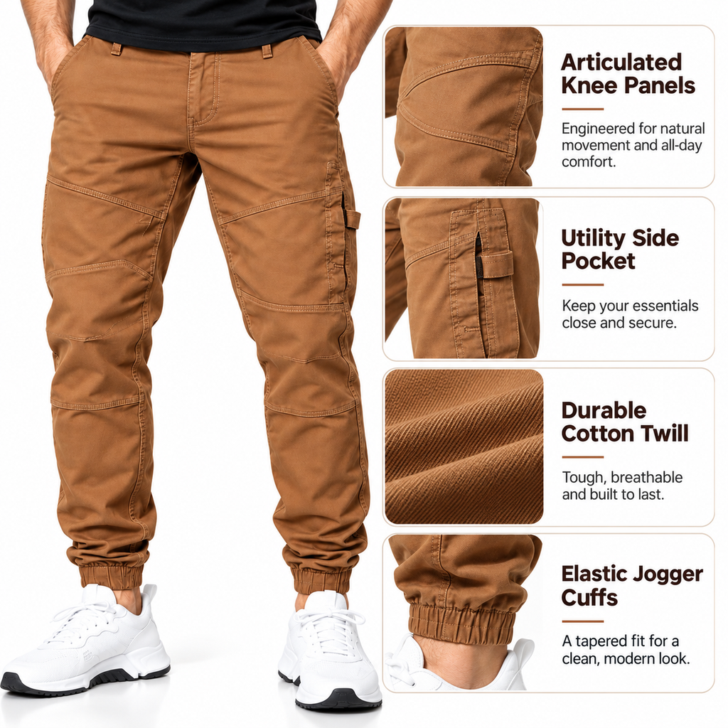 FREDD MARSHALL FH3651 men's cotton tapered cargo jogger pants, Caramel, construction detail