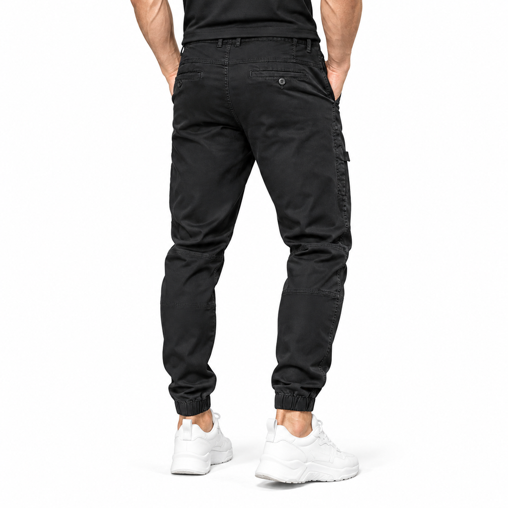 FREDD MARSHALL FH3651 men's cotton tapered cargo jogger pants, Black, back view