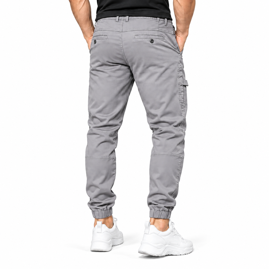 FREDD MARSHALL FH3651 men's cotton tapered cargo jogger pants, Light Gray, back view