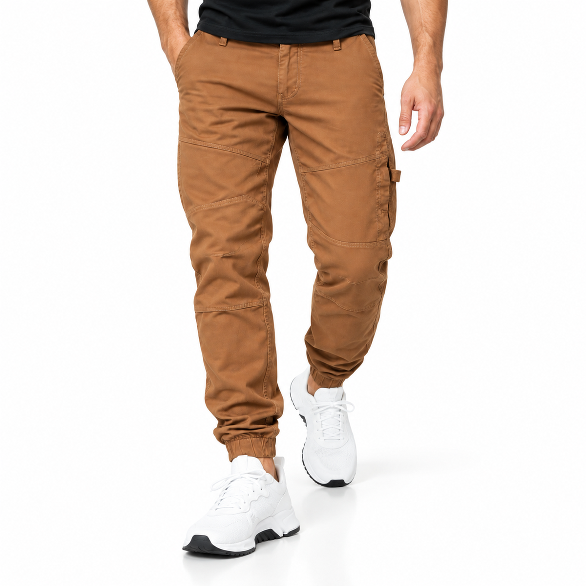 FREDD MARSHALL FH3651 men's cotton tapered cargo jogger pants, Caramel, styled outfit