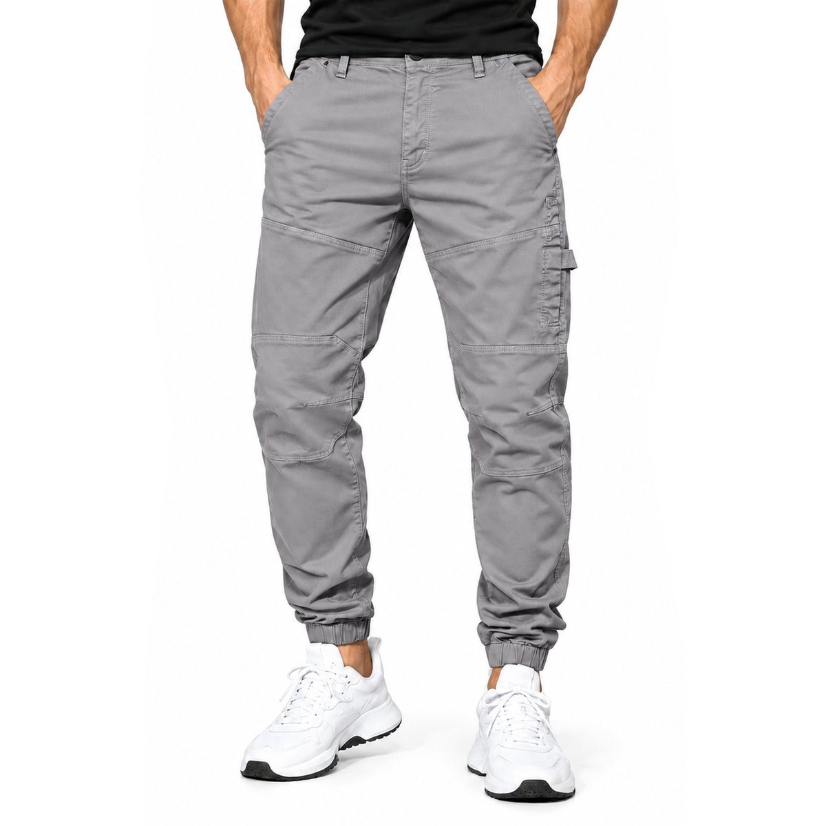 FREDD MARSHALL FH3651 men's cotton tapered cargo jogger pants, Light Gray, front view