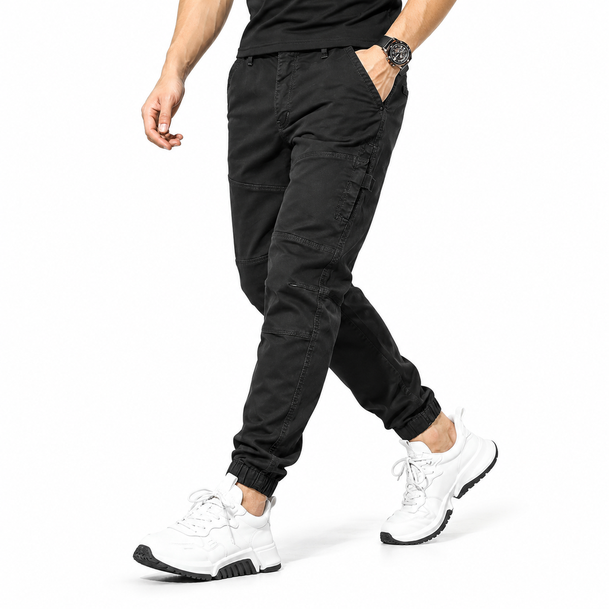 FREDD MARSHALL FH3651 men's cotton tapered cargo jogger pants, Black, styled outfit