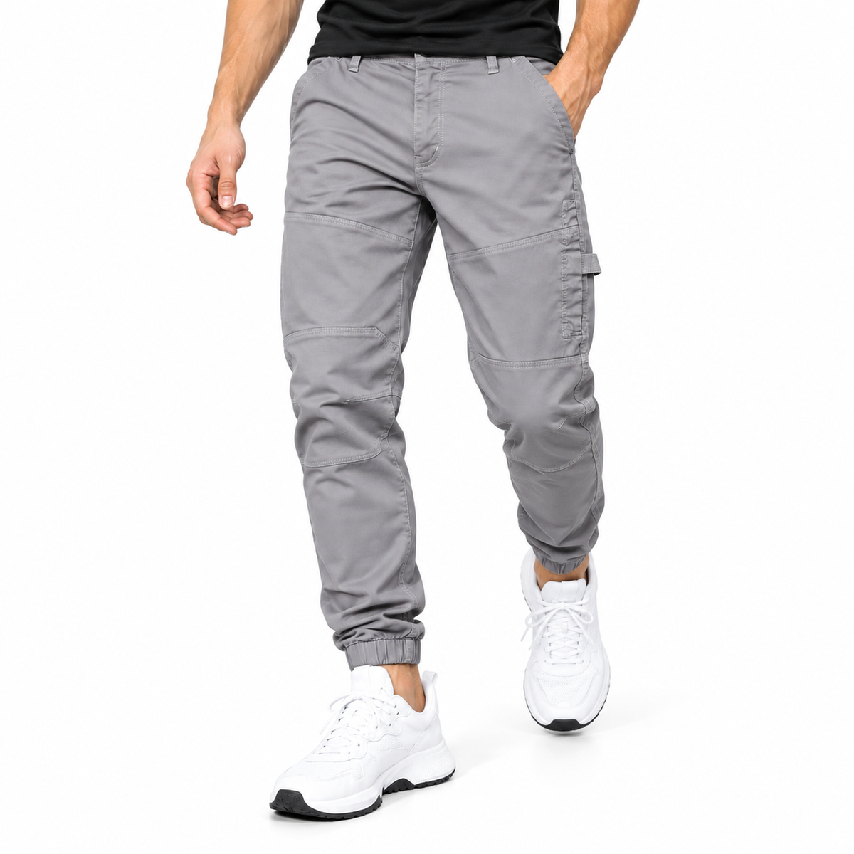 FREDD MARSHALL FH3651 men's cotton tapered cargo jogger pants, Light Gray, styled outfit