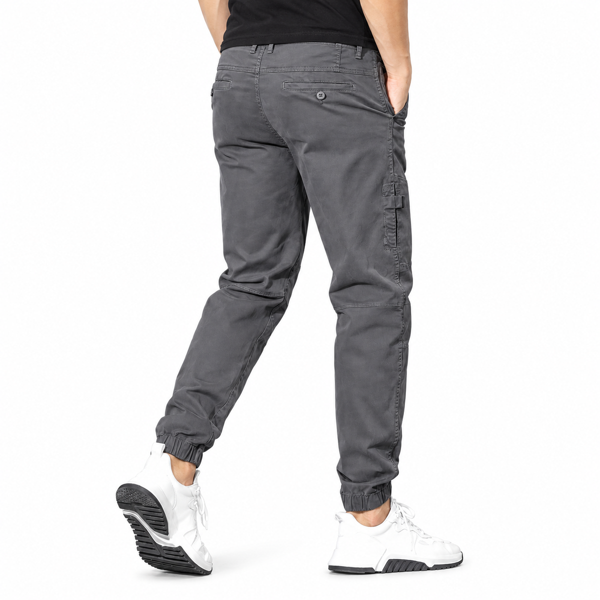 FREDD MARSHALL FH3651 men's cotton tapered cargo jogger pants, Medium Gray, back view