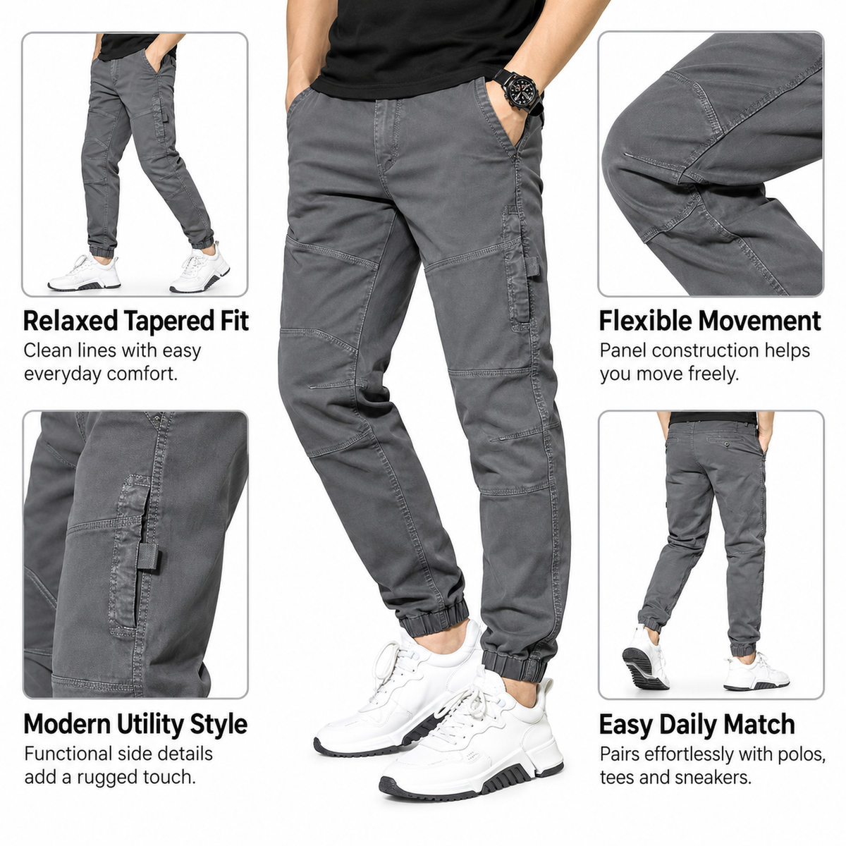 FREDD MARSHALL FH3651 men's cotton tapered cargo jogger pants, Medium Gray, construction detail