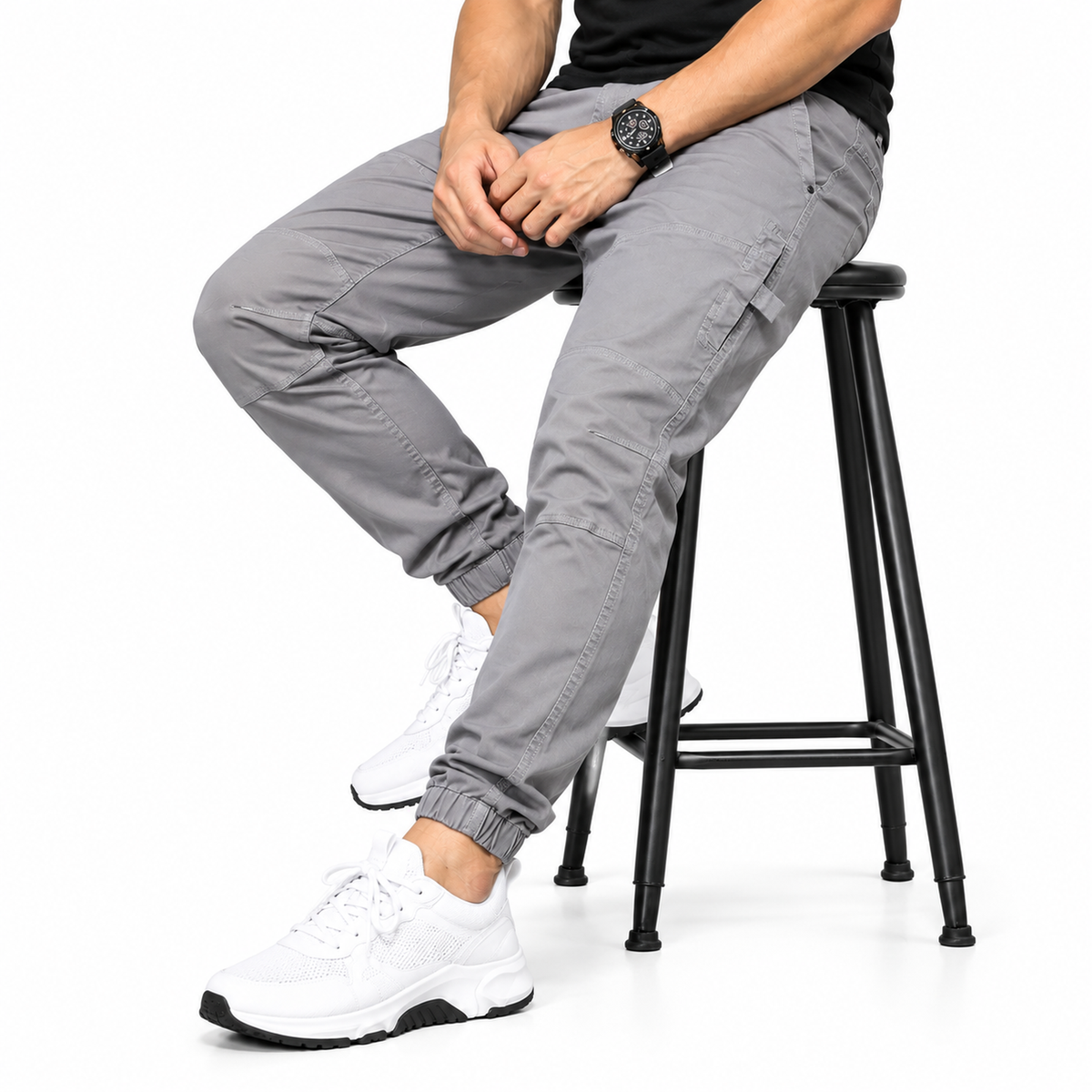 FREDD MARSHALL FH3651 men's cotton tapered cargo jogger pants, Light Gray, styled outfit