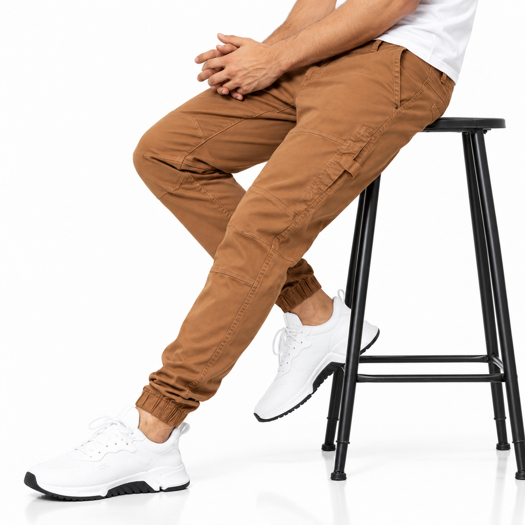 FREDD MARSHALL FH3651 men's cotton tapered cargo jogger pants, Caramel, styled outfit