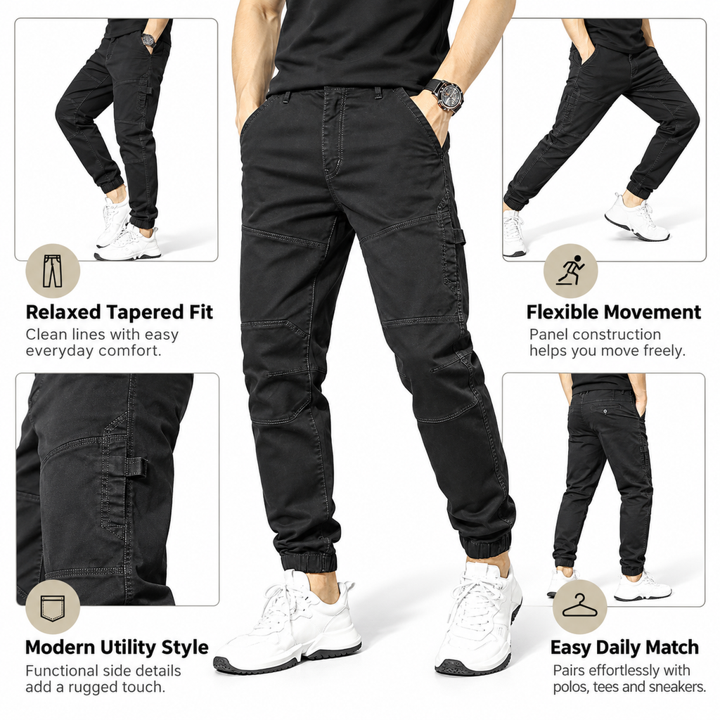 FREDD MARSHALL FH3651 men's cotton tapered cargo jogger pants, Black, construction detail