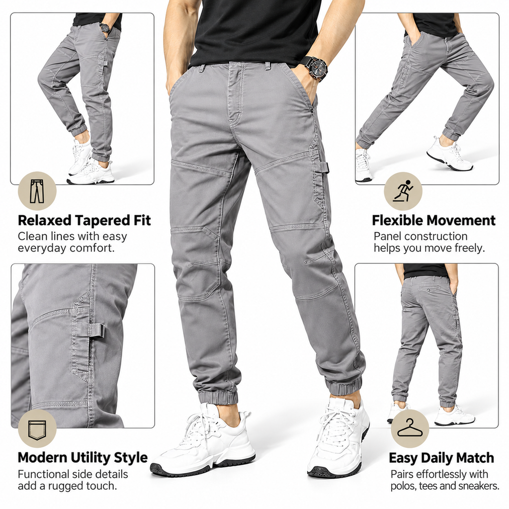 FREDD MARSHALL FH3651 men's cotton tapered cargo jogger pants, Light Gray, construction detail