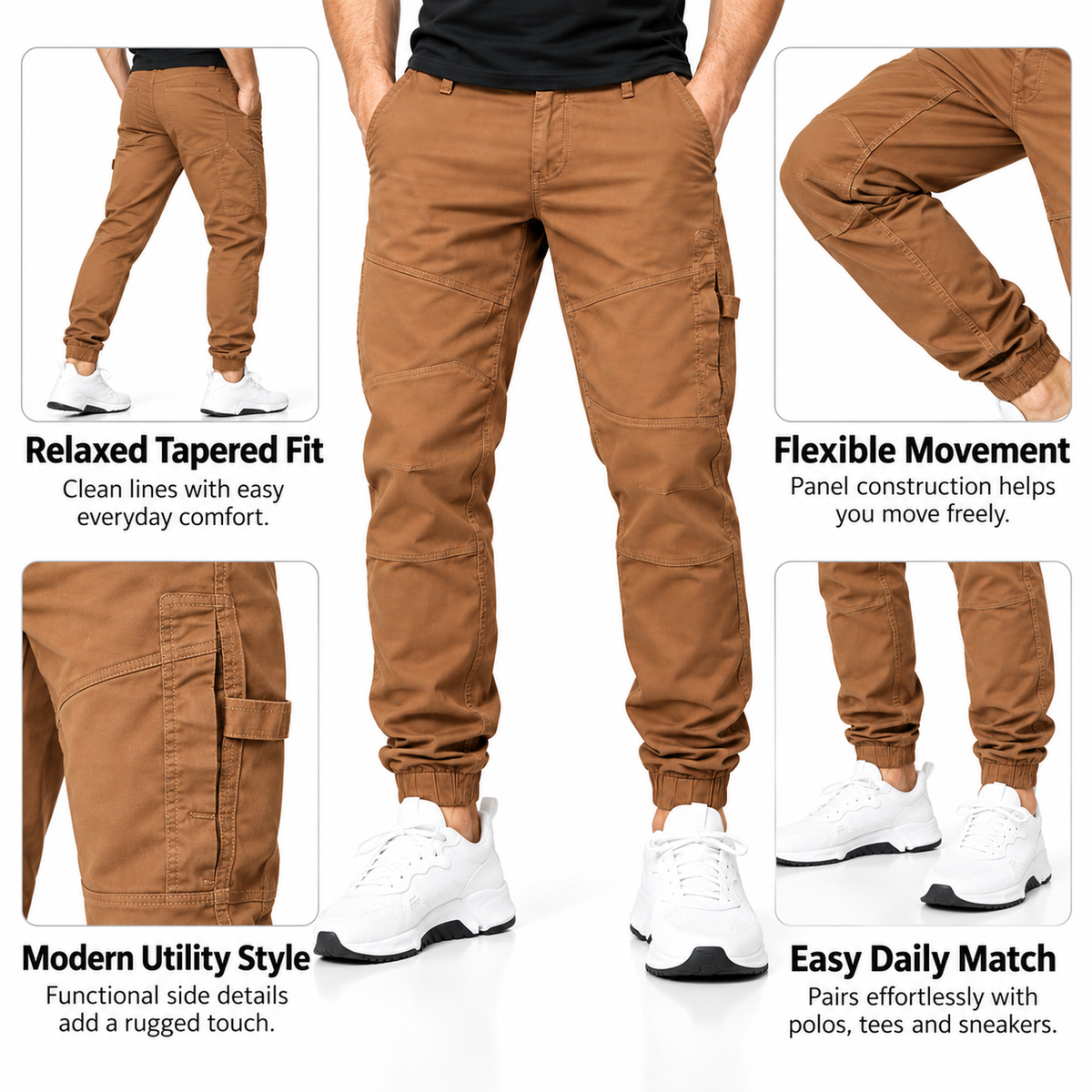 FREDD MARSHALL FH3651 men's cotton tapered cargo jogger pants, Caramel, construction detail