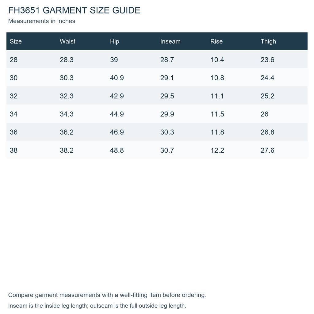 FH3651 verified garment measurements and size guide