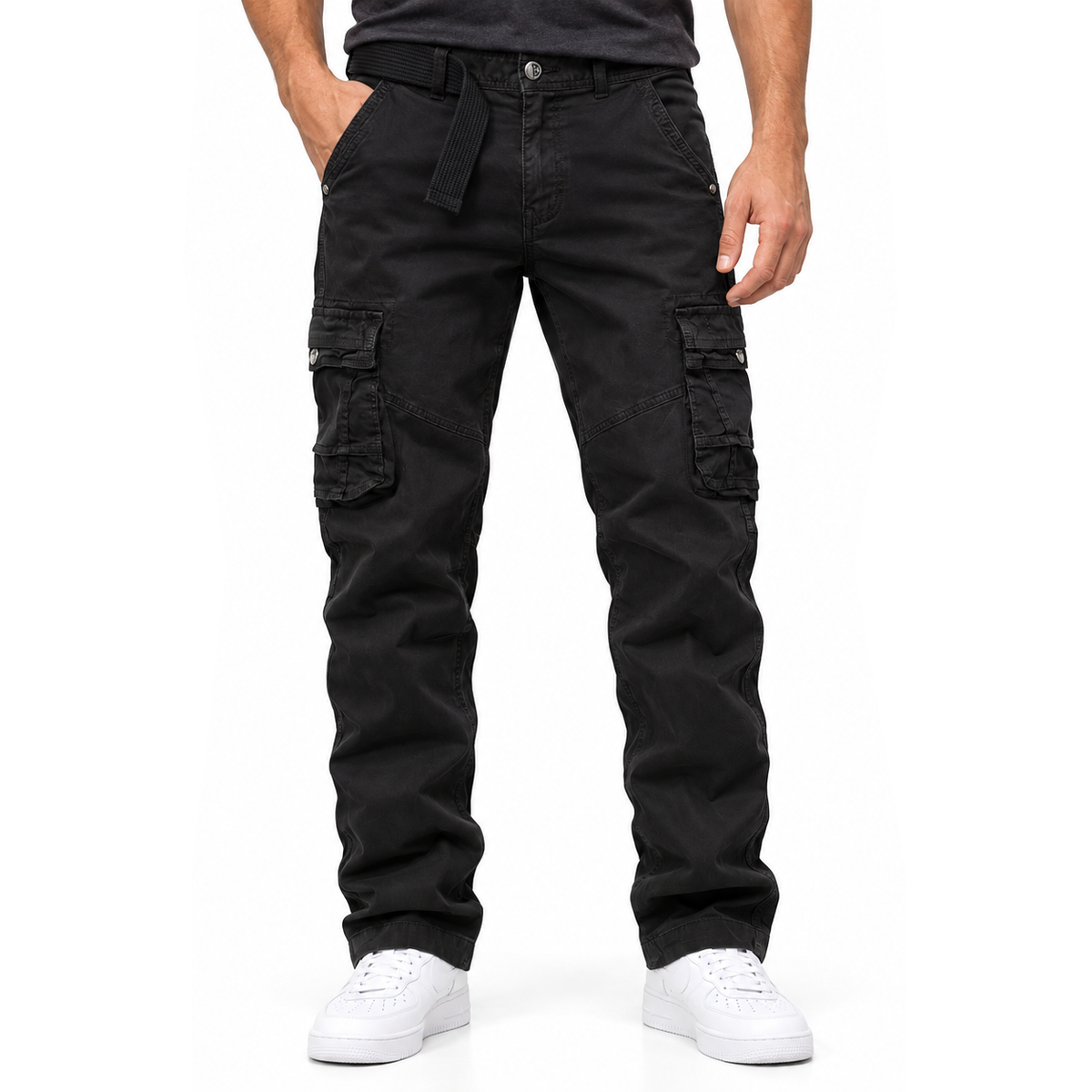 FREDD MARSHALL FH3707 men's cotton multi-pocket utility cargo pants, Black, front view