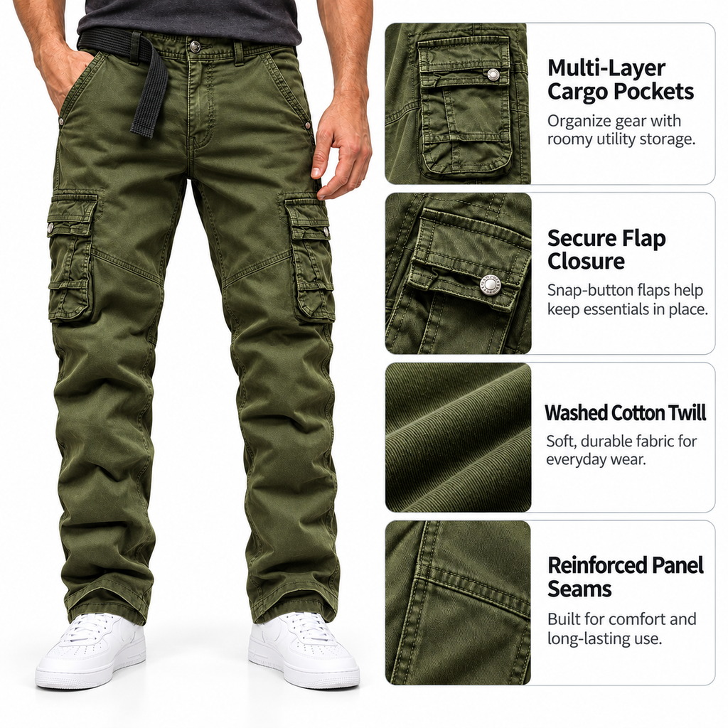 FREDD MARSHALL FH3707 men's cotton multi-pocket utility cargo pants, Dark Green, construction detail