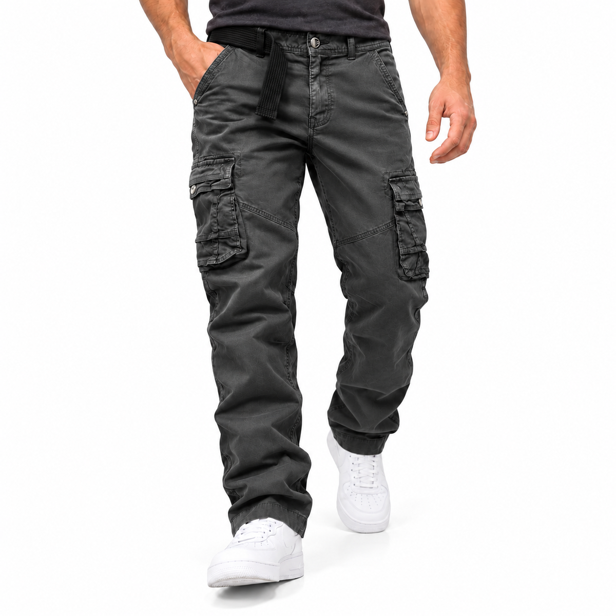 FREDD MARSHALL FH3707 men's cotton multi-pocket utility cargo pants, Charcoal Gray, styled outfit