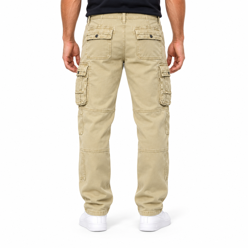 FREDD MARSHALL FH3707 men's cotton multi-pocket utility cargo pants, Khaki, back view
