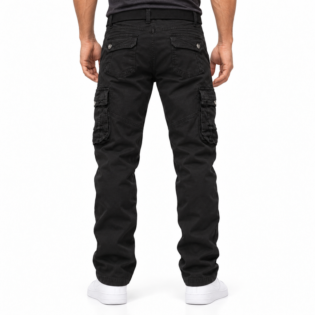 FREDD MARSHALL FH3707 men's cotton multi-pocket utility cargo pants, Black, back view